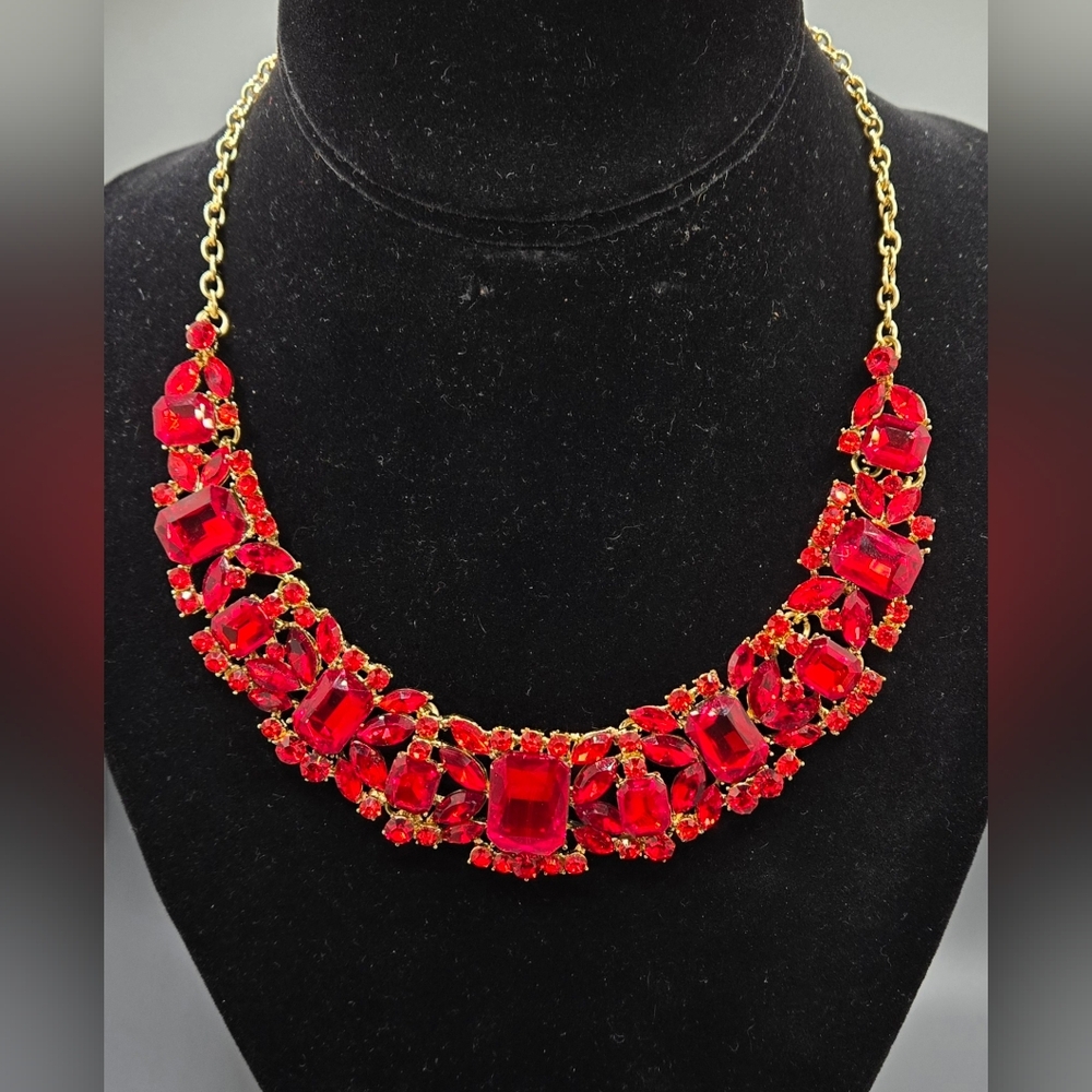 Statement Glass Crystal Necklace Ruby Red & Gold … - image 1